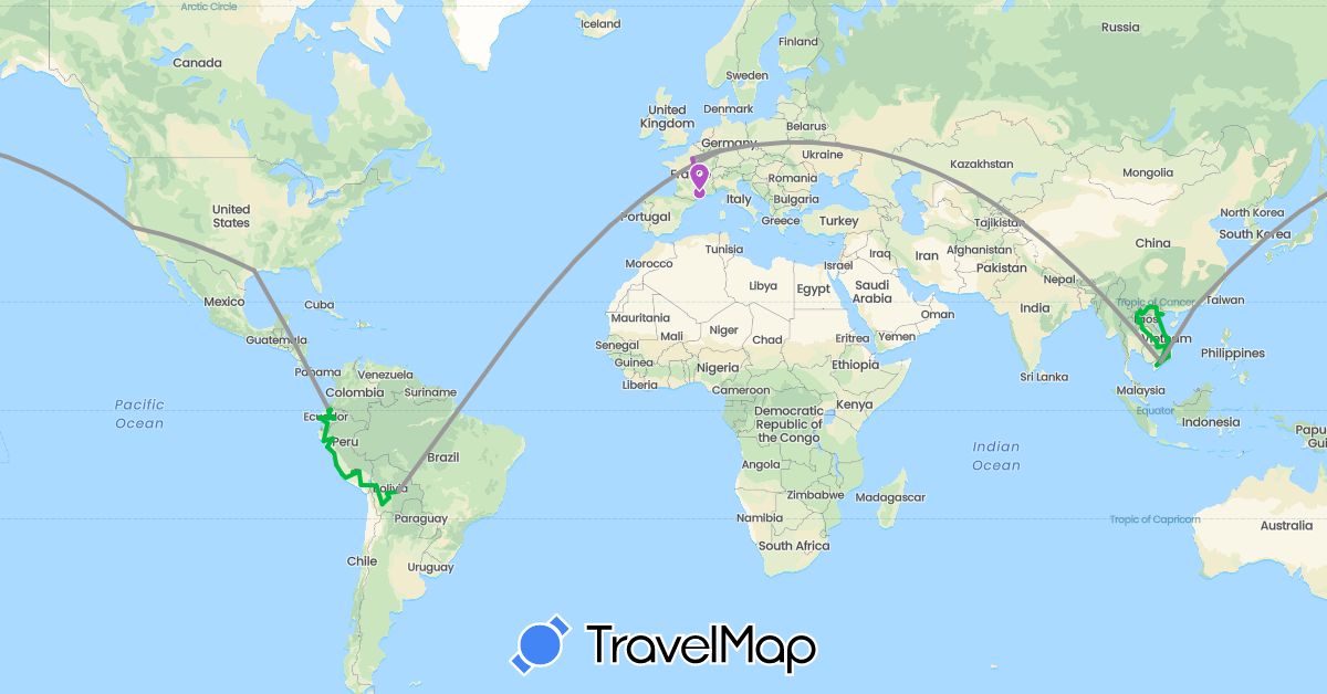 TravelMap itinerary: driving, bus, plane, train, hiking in Bolivia, China, Germany, Ecuador, France, Laos, Peru, United States, Vietnam (Asia, Europe, North America, South America)